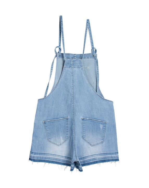 SZ60208 High Waisted Solid Denim Romper Shorts in Light Blue